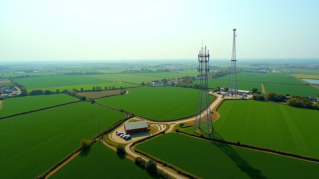 Infrastructure de fibre optique dans une région rurale, pylônes et équipements réseau en zone périurbaine