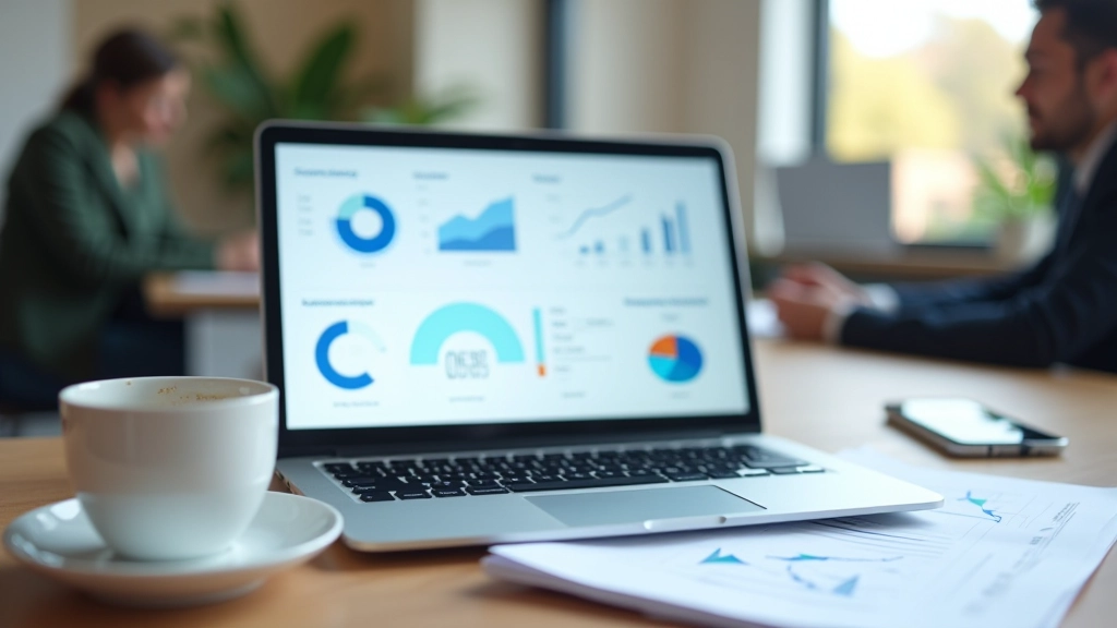 Ordinateur portable moderne sur un bureau avec documents d'analyse, écran montrant des tableaux de données