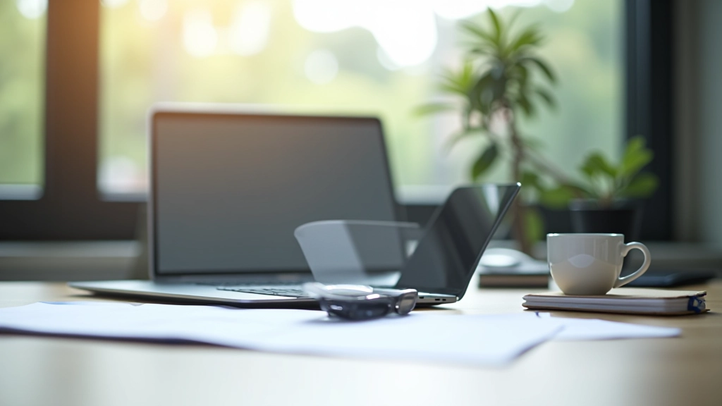 Bureau moderne avec ordinateur portable, documents numériques et café, espace de travail professionnel