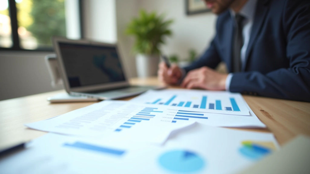 Environnement de travail moderne avec documents de recherche, graphiques et ordinateur portable sur bureau