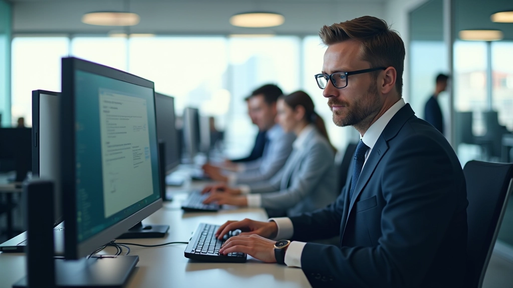 Équipe technique travaillant dans un bureau moderne, plusieurs personnes à leurs postes de travail