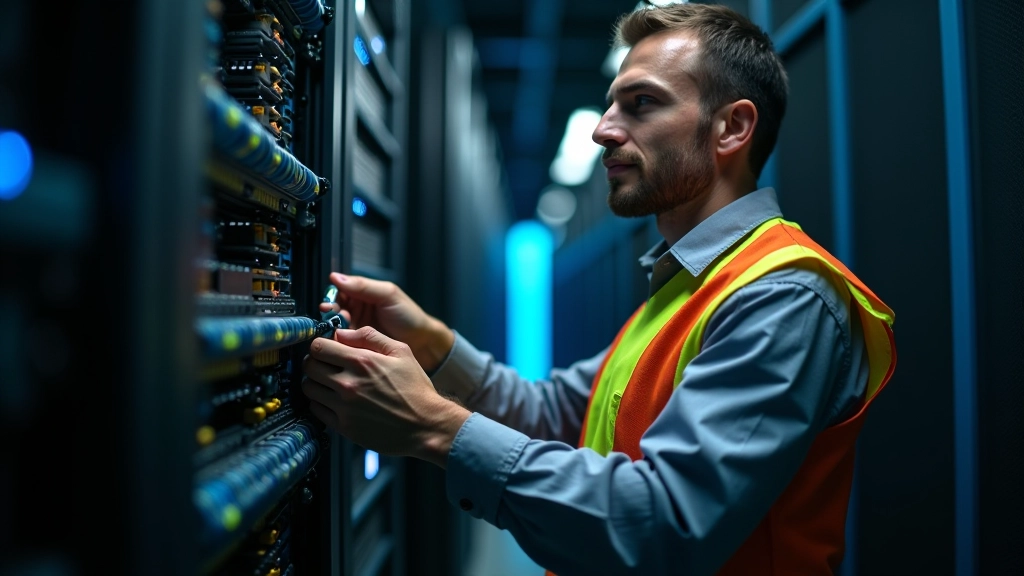 Technicien installant de la fibre optique, équipement de réseau professionnel, vue de près sur les câbles et connecteurs